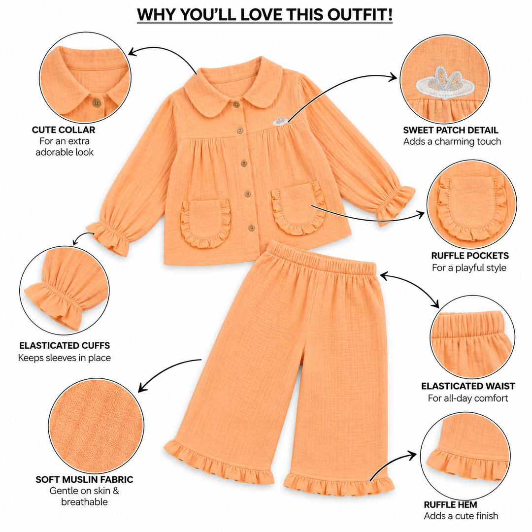 Cotton Muslin Flared Pants Co-Ord Set for Girls - Orange
