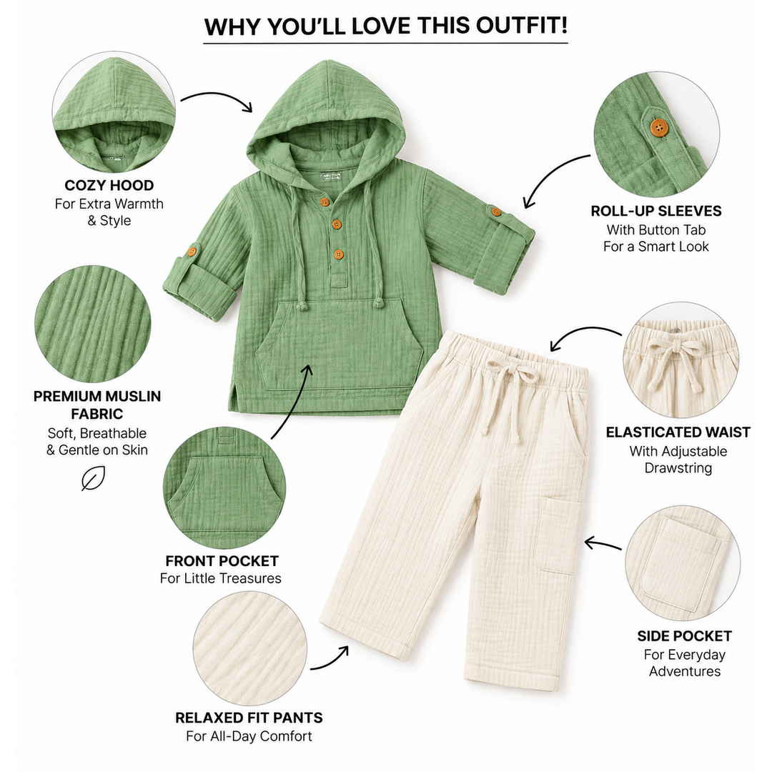 Cotton Muslin Hooded Co-Ord Set for Boys - Green