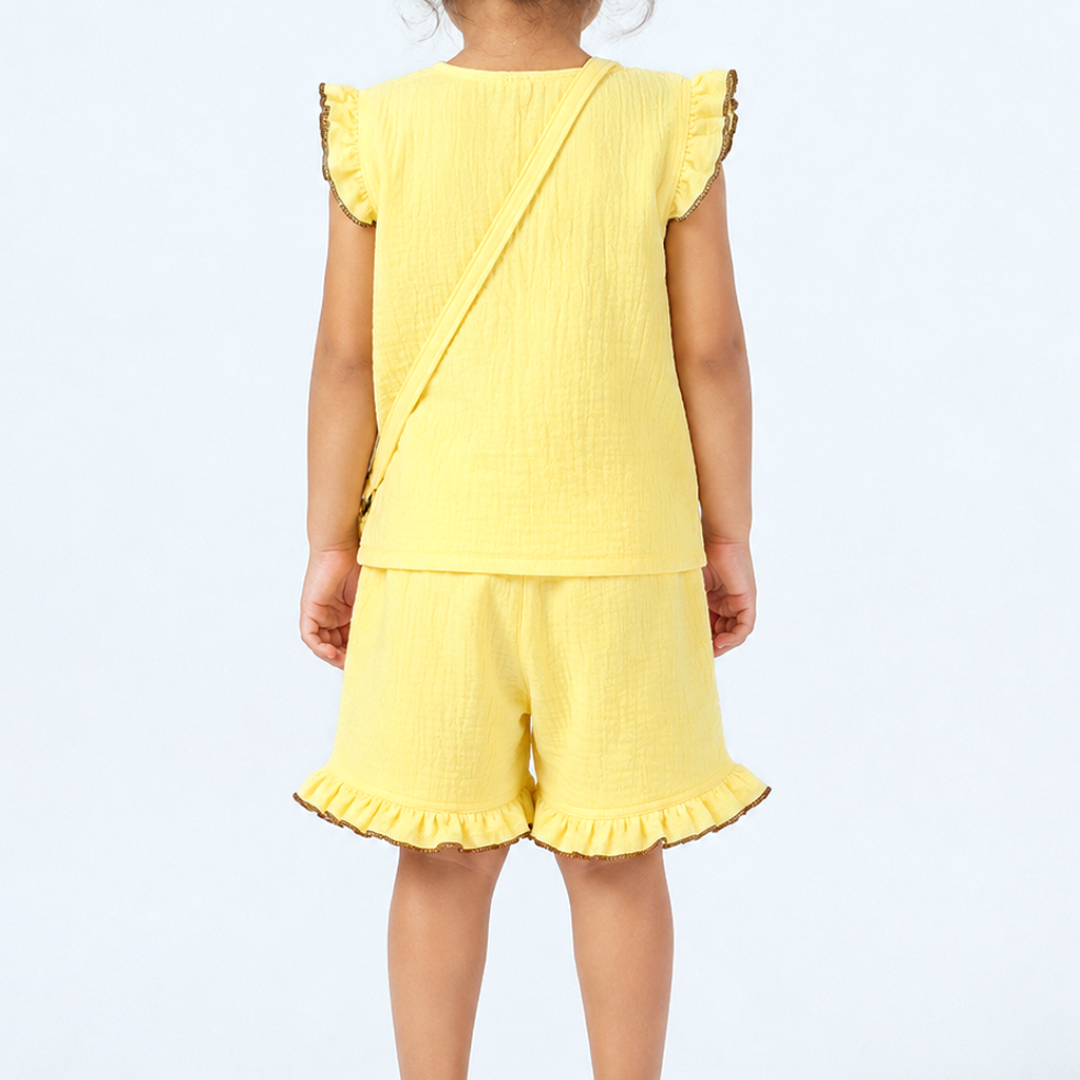 Cotton Muslin Ruffle Co-Ord Set with Sling Bag - Yellow