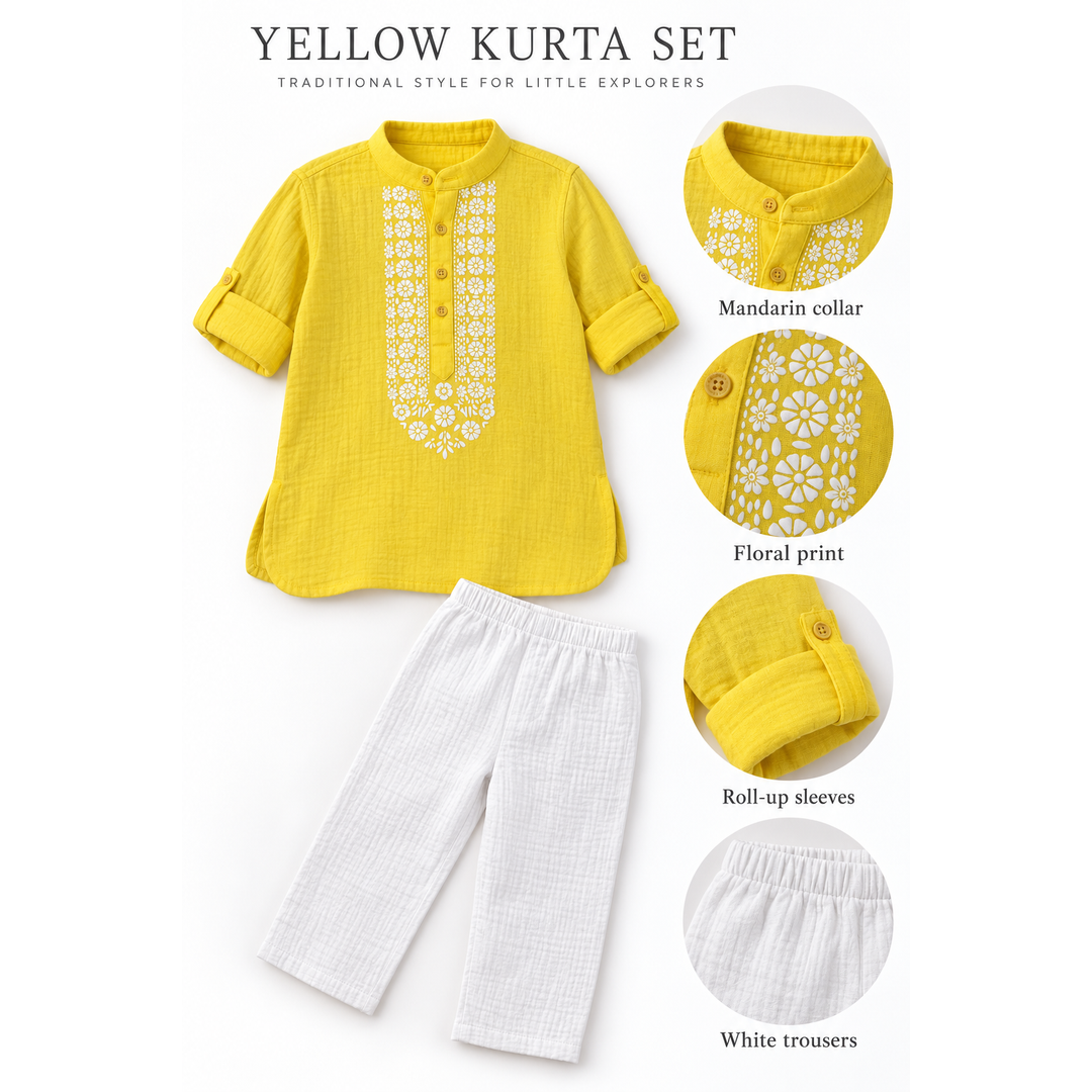 Festive Bloom Cotton Muslin Kurta & Pants Set-yellow