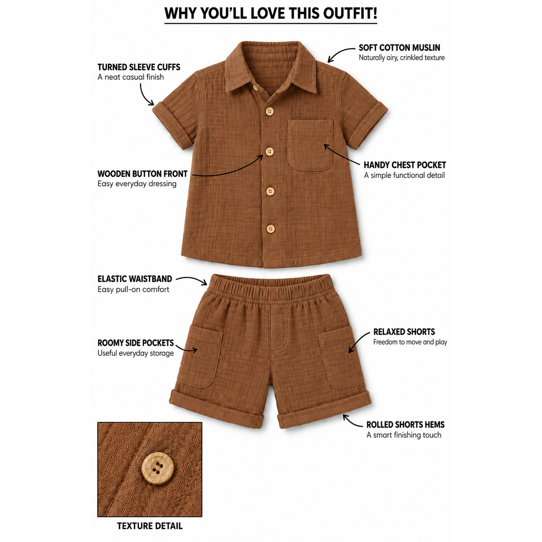Cotton Muslin Shorts Co-Ord Set for Boys - Brown