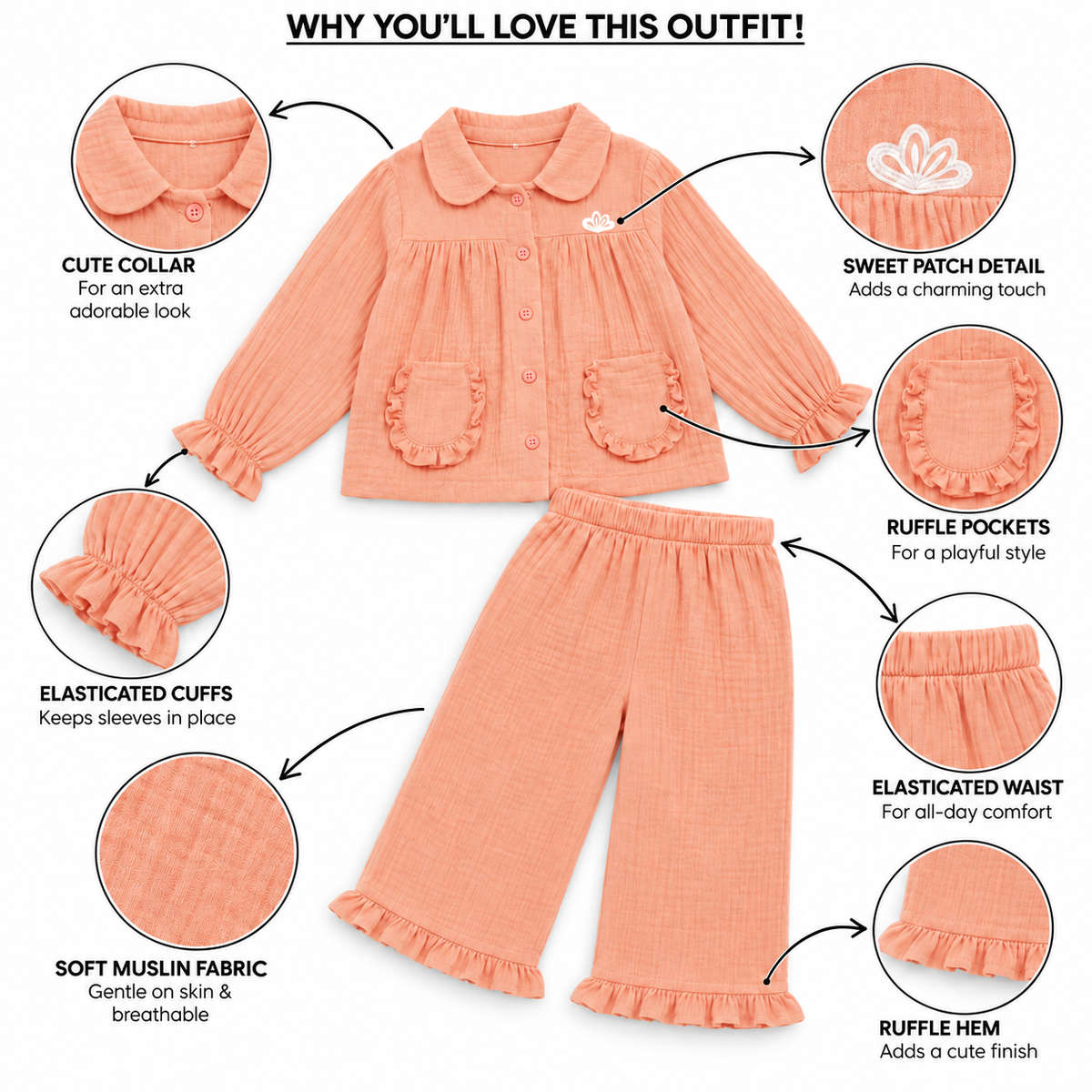 Cotton Muslin Flared Pants Co-Ord Set for Girls - Pink