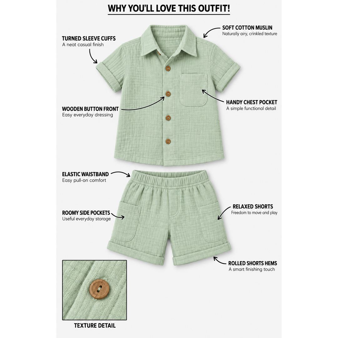 Cotton Muslin Shorts Co-Ord Set for Boys - Green