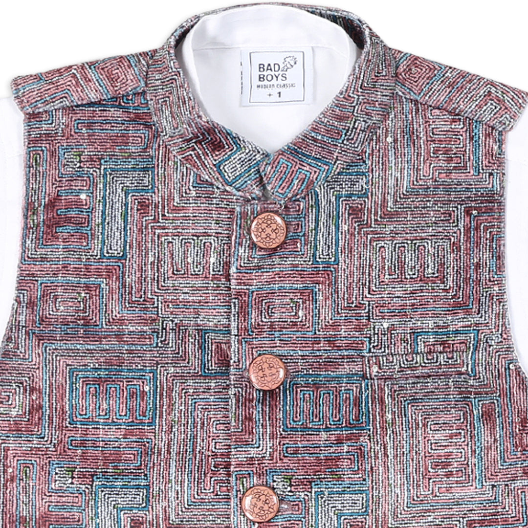 Chic Prints: Textured Waistcoat Shirt Pant Set for Little Trendsetters