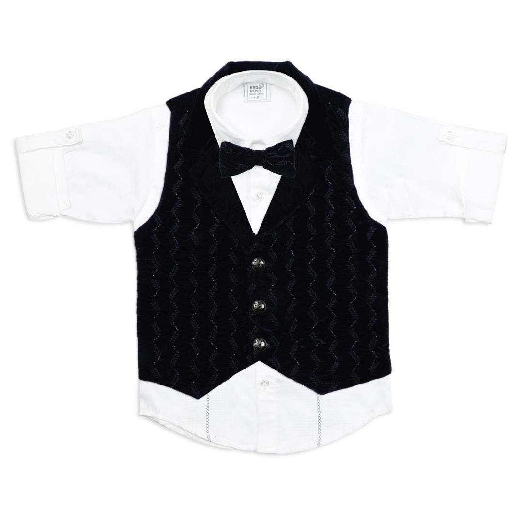 BAD BOYS Velvet Embroidered Waistcoat,Cotton Shirt,Pant & Bow Set