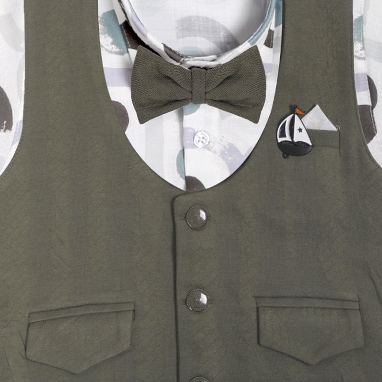 Little Gentleman Party Set with Printed Shirt Waistcoat Charm Bow