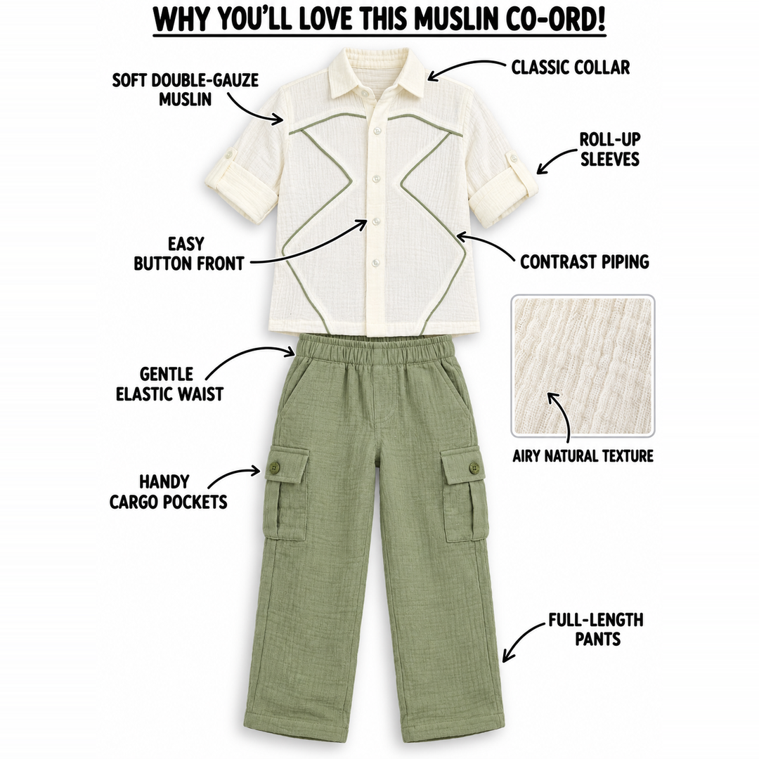 Little Explorer Cotton Muslin Shirt & Pants Set – Green