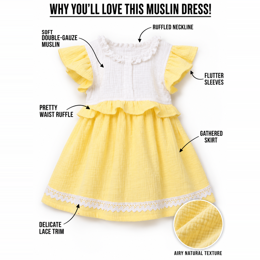 Little Twirl Cotton Muslin Dress-Yellow