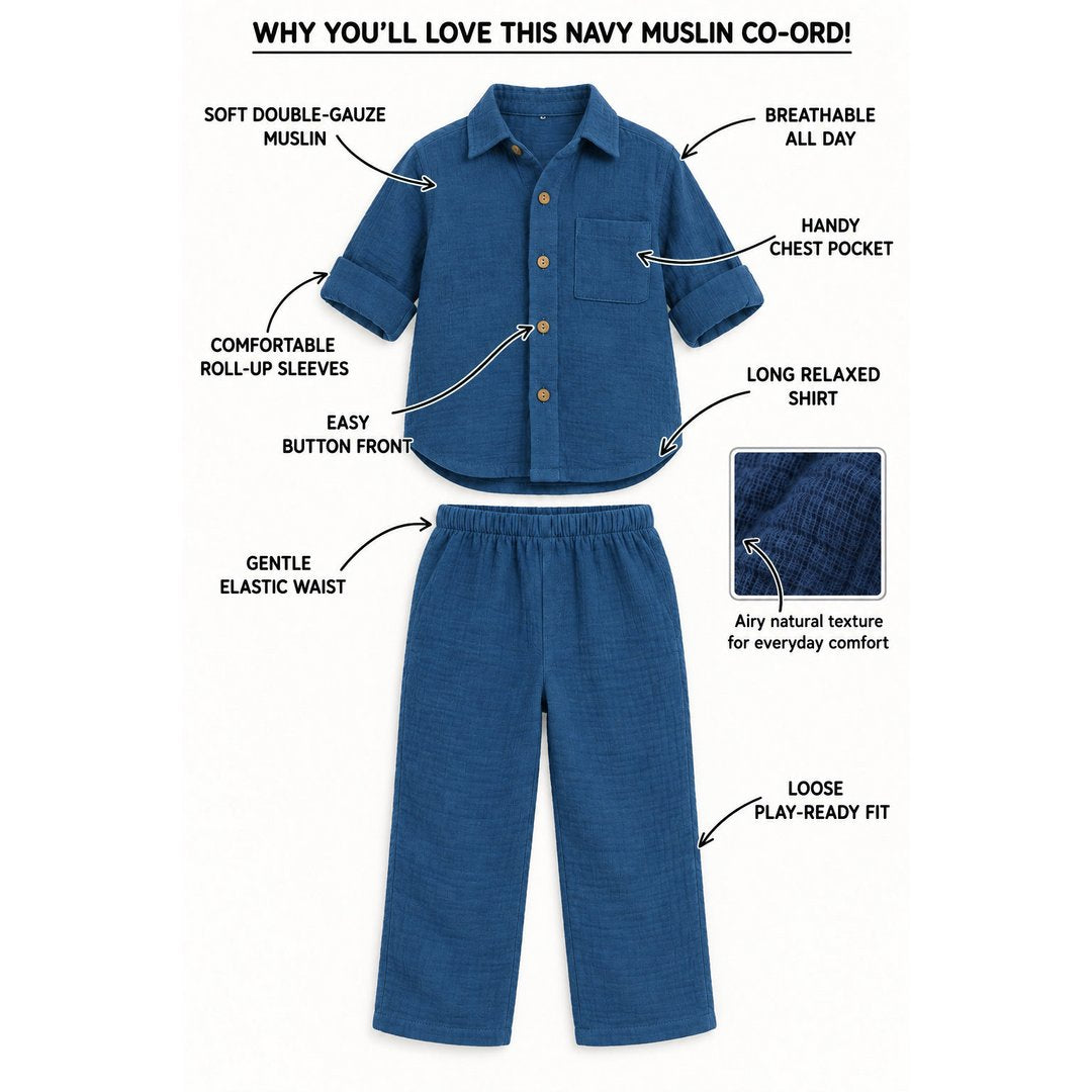 Cotton Muslin Shirt & Pants Co-Ord Set for Boys - Blue