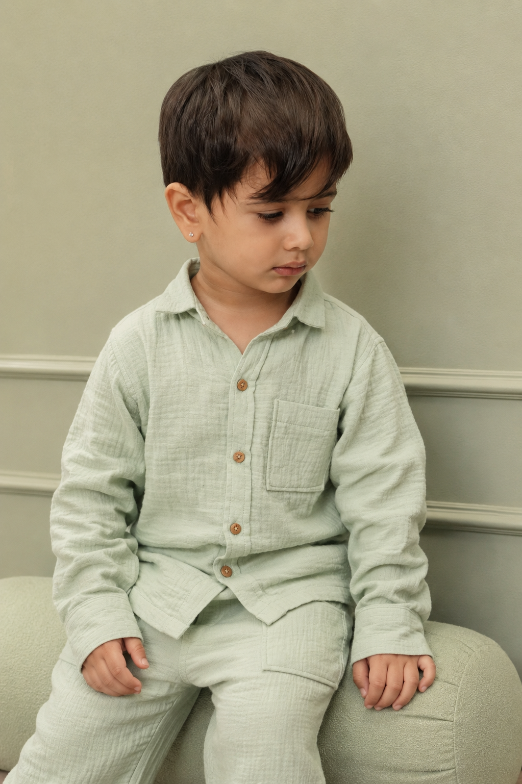 Cotton Muslin Shirt & Pants Co-Ord Set for Boys - Green