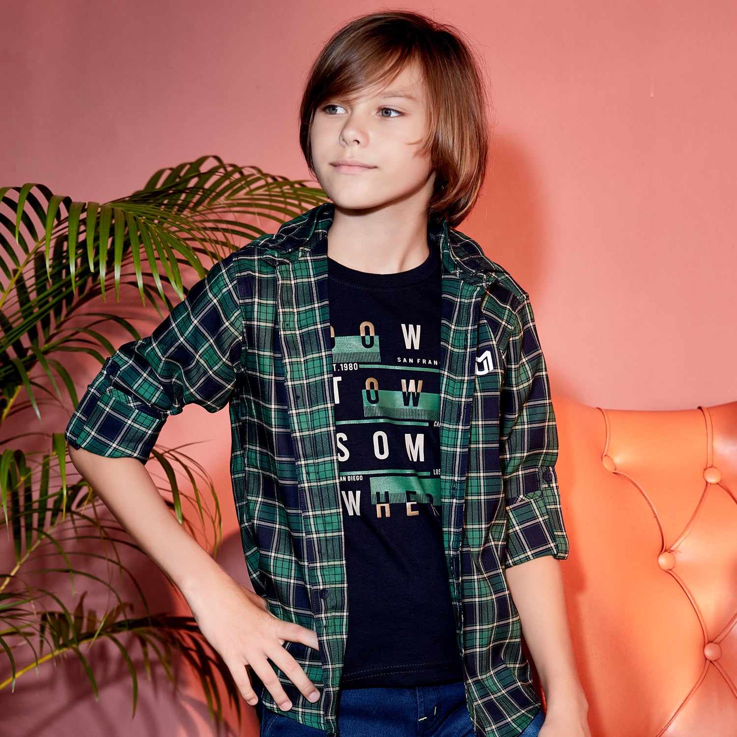 Lycra Checkered Hoodie Shirt and T-shirt Set For Young Boys