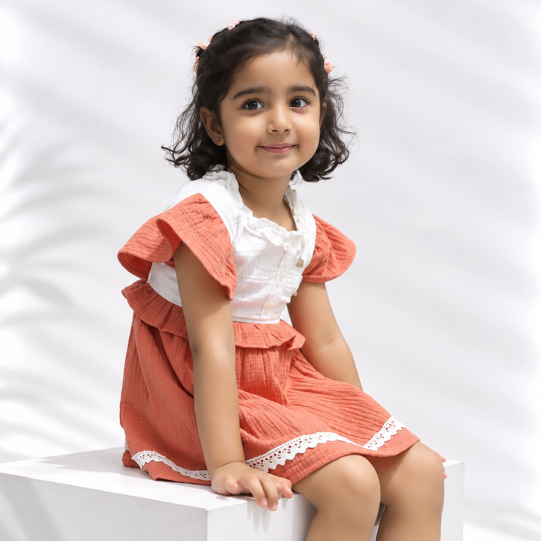 Little Twirl Cotton Muslin Dress-BRICK
