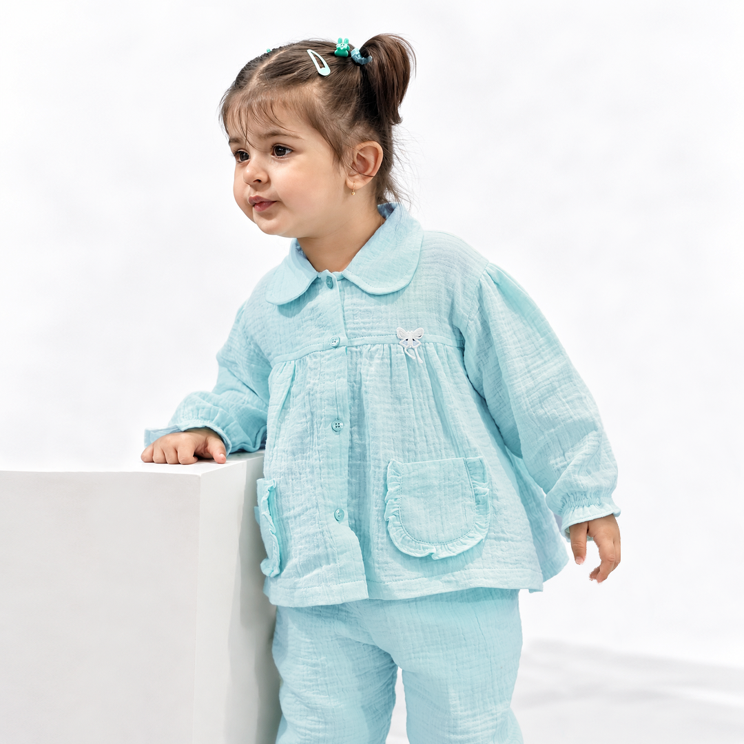 Cotton Muslin Flared Pants Co-Ord Set for Girls - Sky Blue
