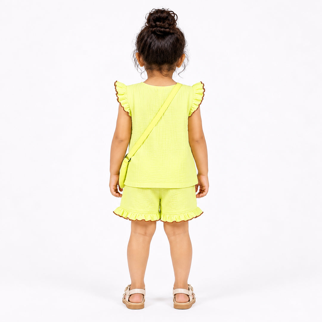 Cotton Muslin Ruffle Co-Ord Set with Sling Bag - Green