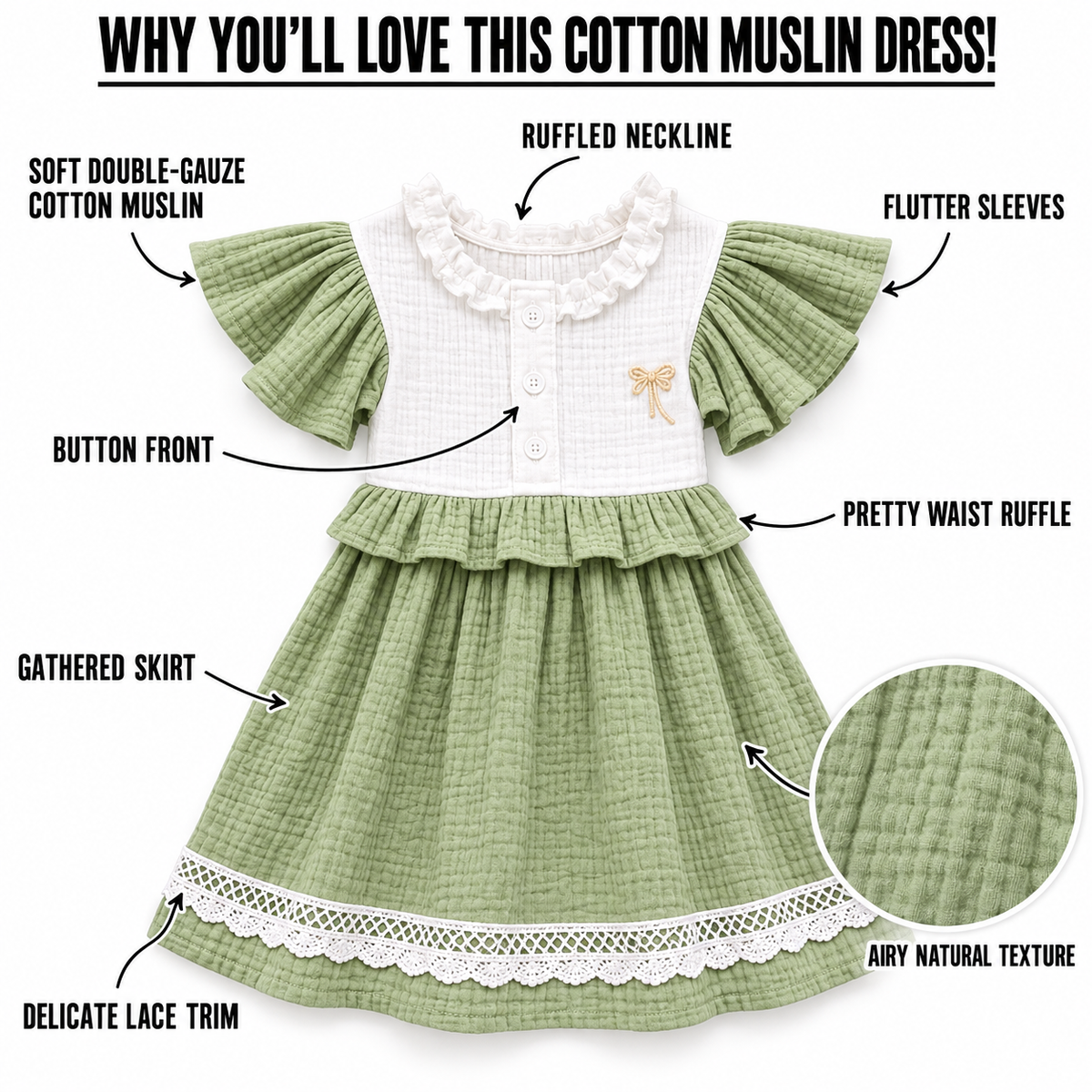 Little Twirl Cotton Muslin Dress-GREEN