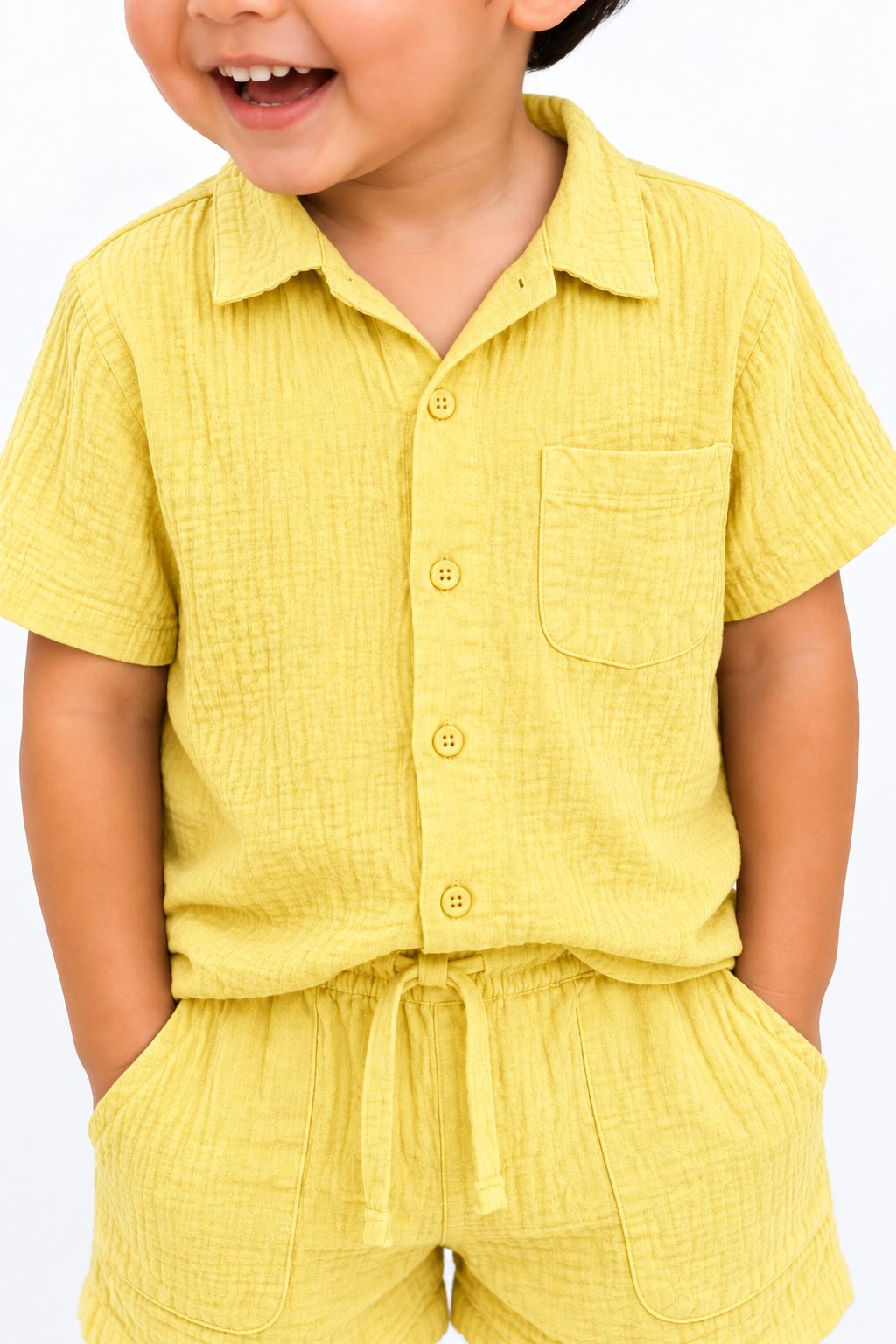 Muslin Henley Co-Ord Set-YELLOW