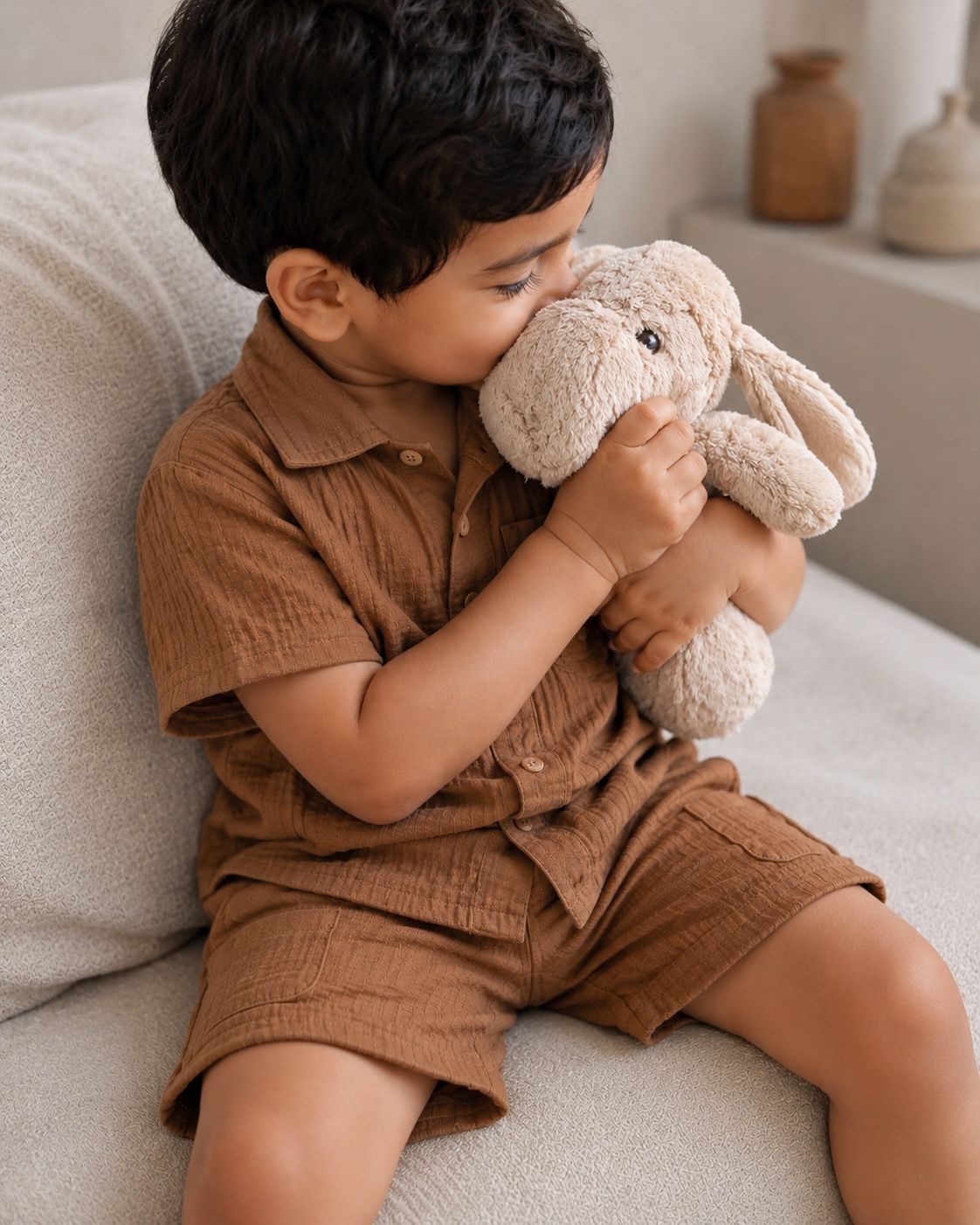 Muslin Henley Co-Ord Set-BROWN