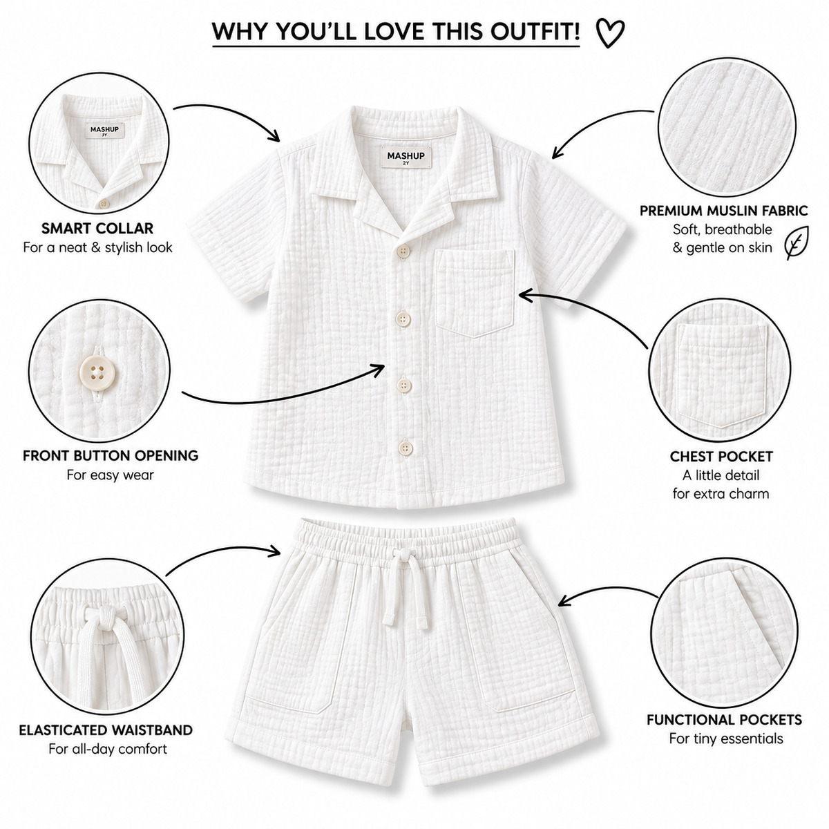 Cotton Muslin Shorts Co-Ord Set for Boys - White