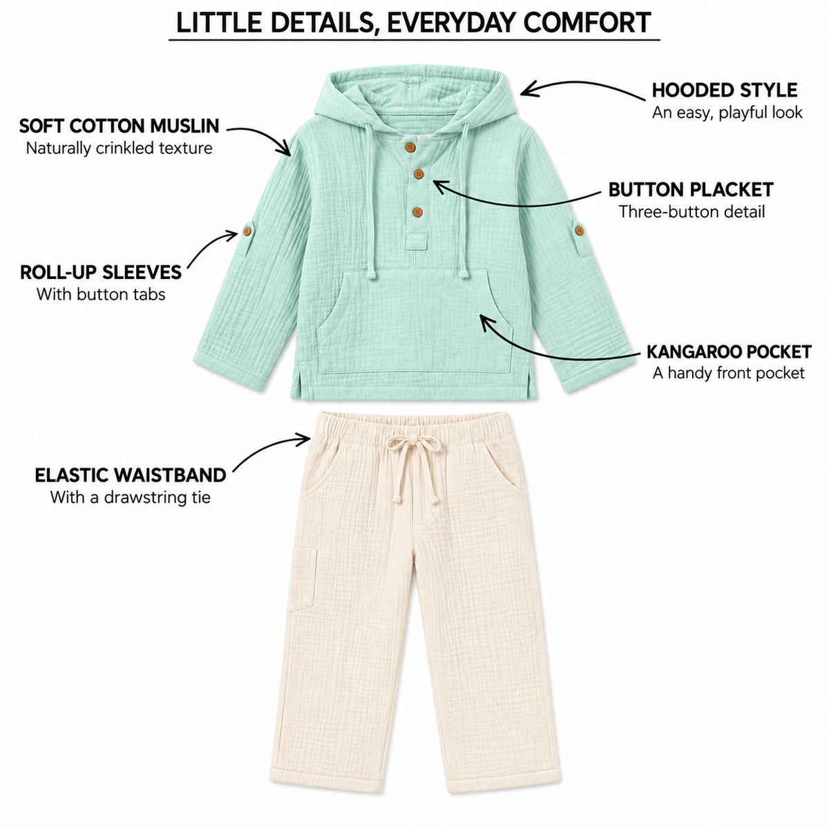 Cotton Muslin Hooded Co-Ord Set for Boys - Sky Blue