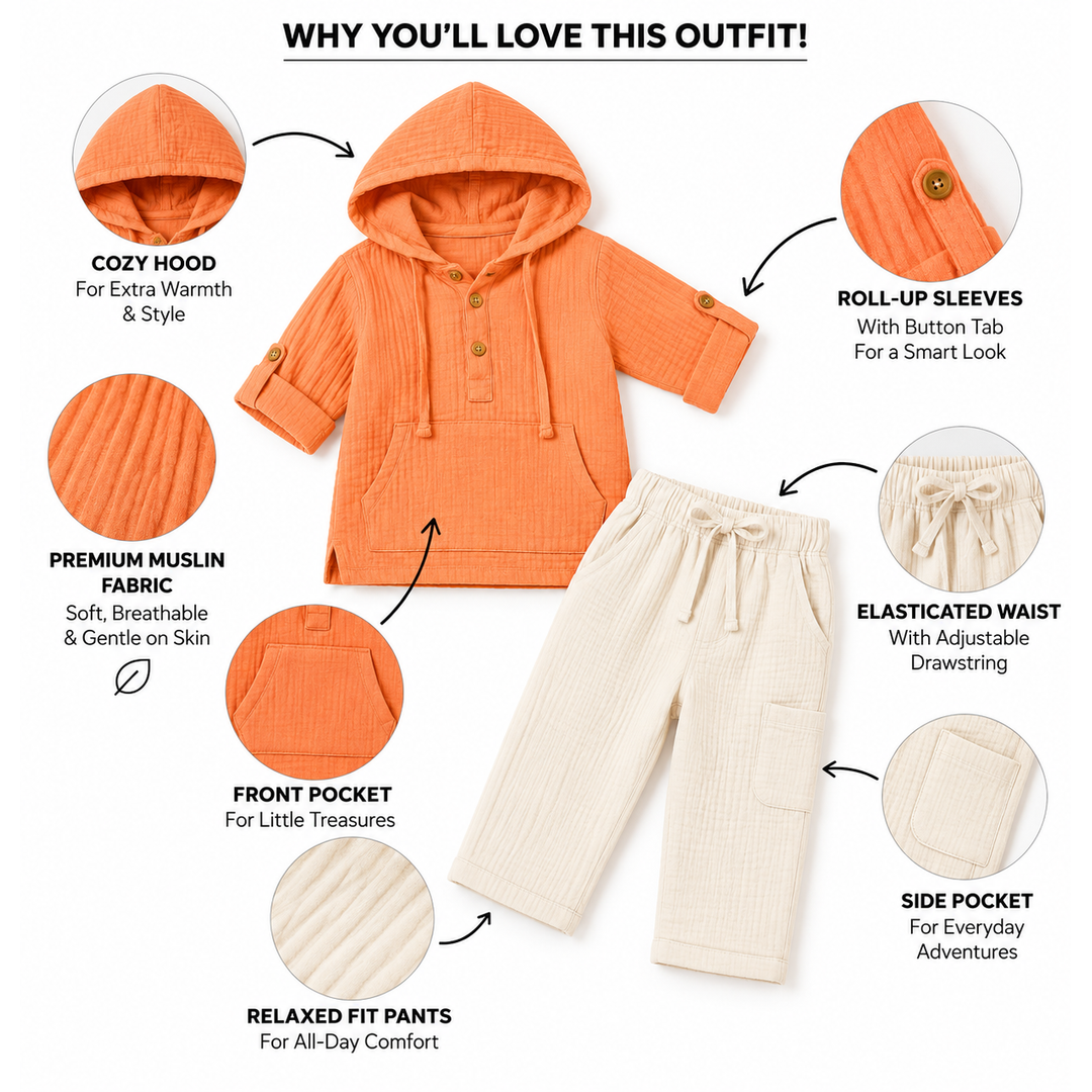 Cotton Muslin Hooded Co-Ord Set for Boys - Peach