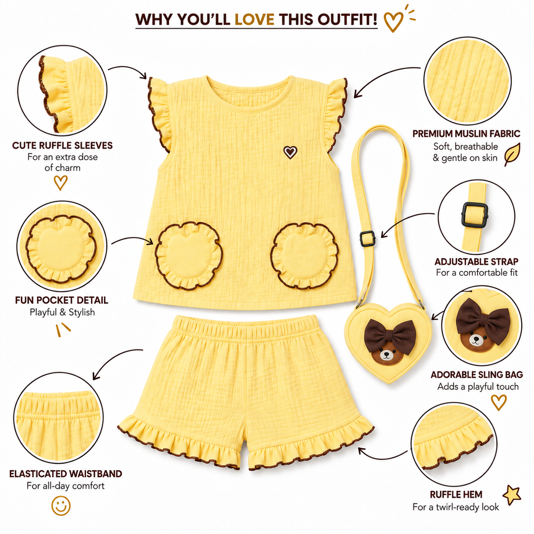 Cotton Muslin Ruffle Co-Ord Set with Sling Bag - Yellow