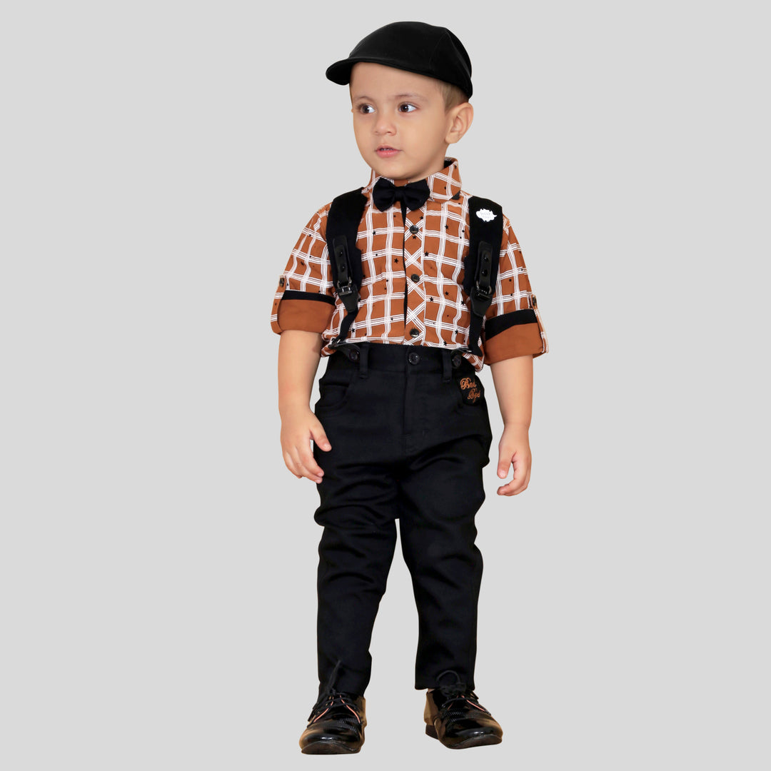 Checkered Charm: Shirt, Suspenders, Pants, Bow, Cap - Fun Everywhere!