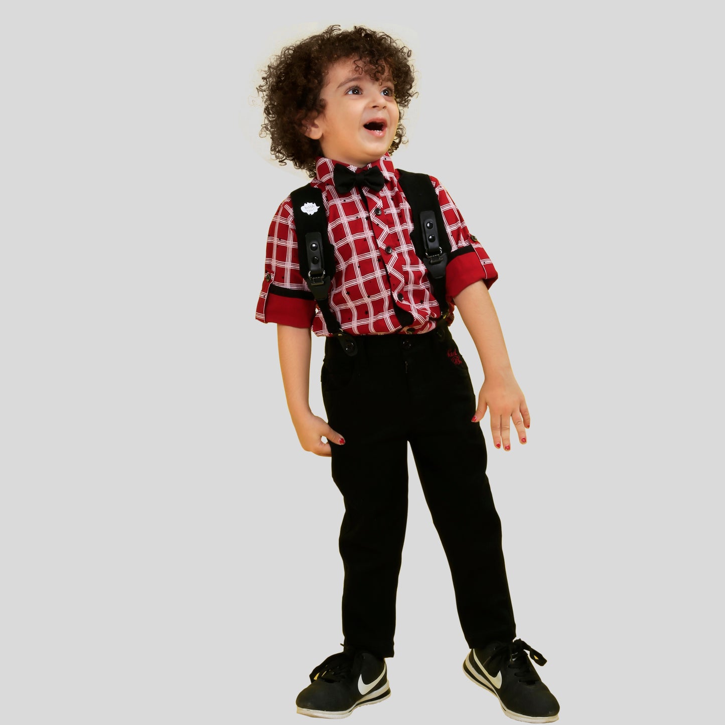 Checkered Charm: Shirt, Suspenders, Pants, Bow, Cap - Fun Everywhere!