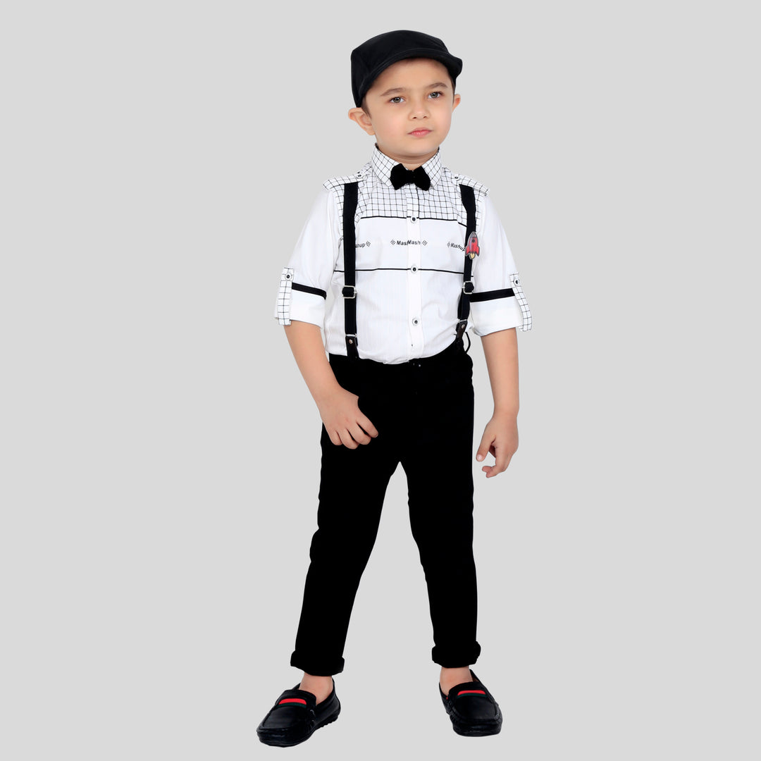 Checkered Charm: Shirt, Suspenders, Pants, Bow, Cap - Fun Everywhere!