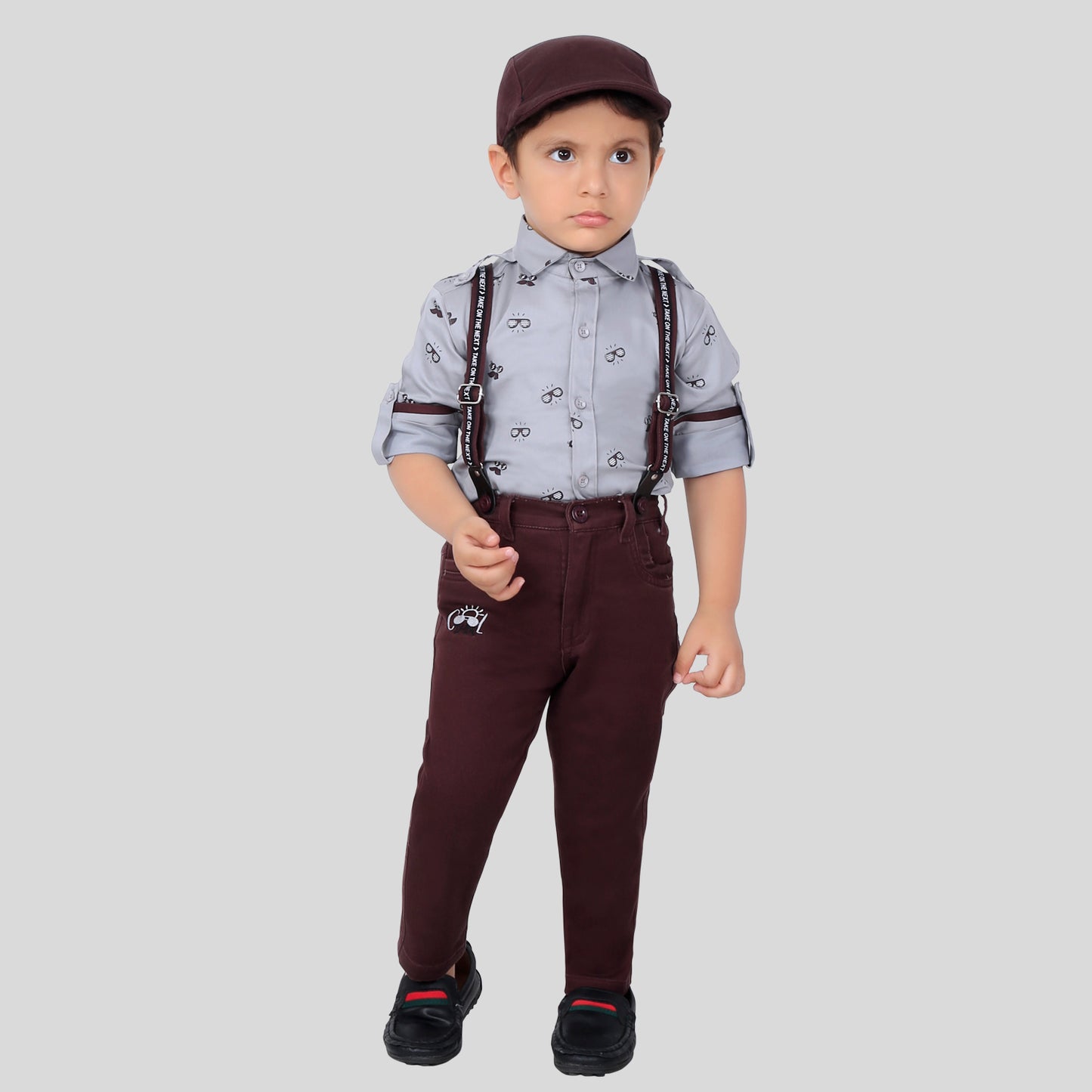 Checkered Charm: Shirt, Suspenders, Pants, Bow, Cap - Fun Everywhere!