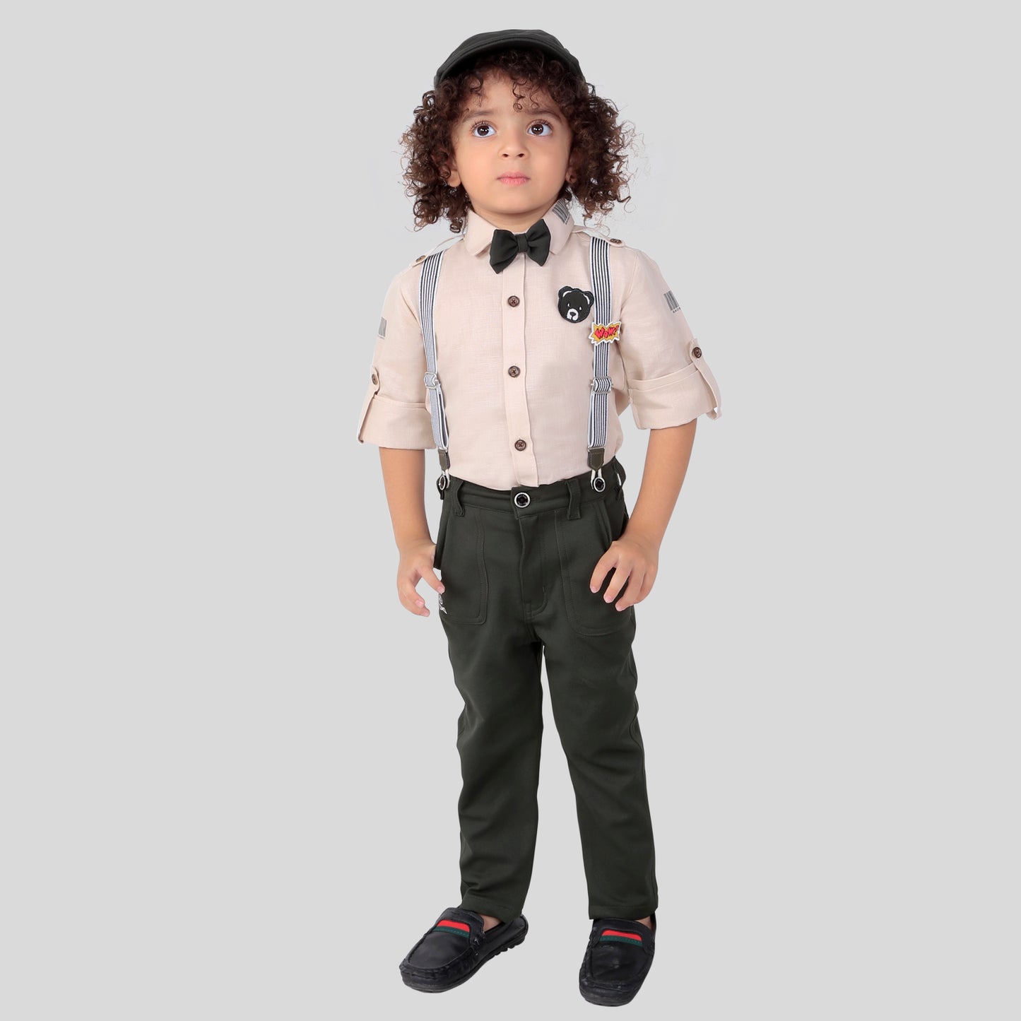 Checkered Charm: Shirt, Suspenders, Pants, Bow, Cap - Fun Everywhere!