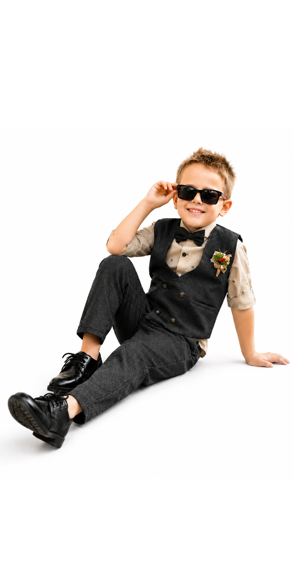 Tiny Dapper Dude! Printed Shirt, Waistcoat, Pant, Bow, Brooch Marvel.