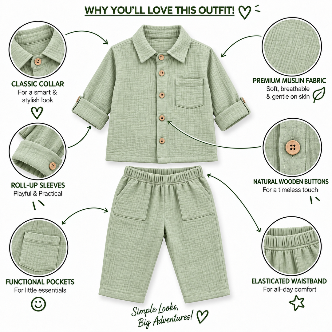 Cotton Muslin Shirt & Pants Co-Ord Set for Boys - Green