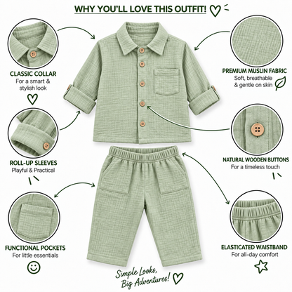 Cotton Muslin Shirt & Pants Co-Ord Set for Boys - Green