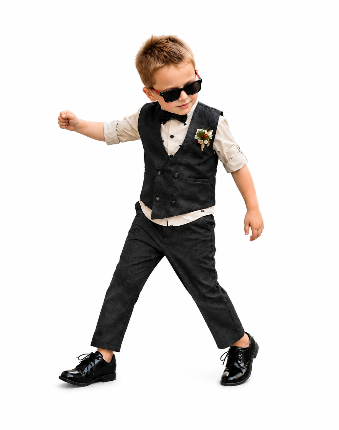 Tiny Dapper Dude! Printed Shirt, Waistcoat, Pant, Bow, Brooch Marvel.
