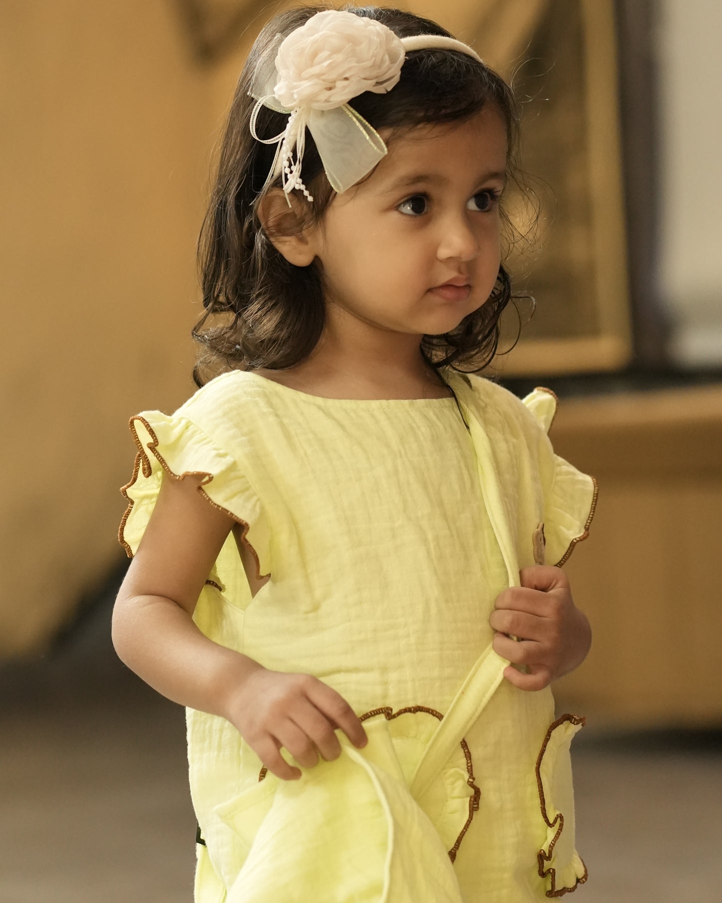 Ruffle Co-Ord Set with Sling Bag-YELLOW