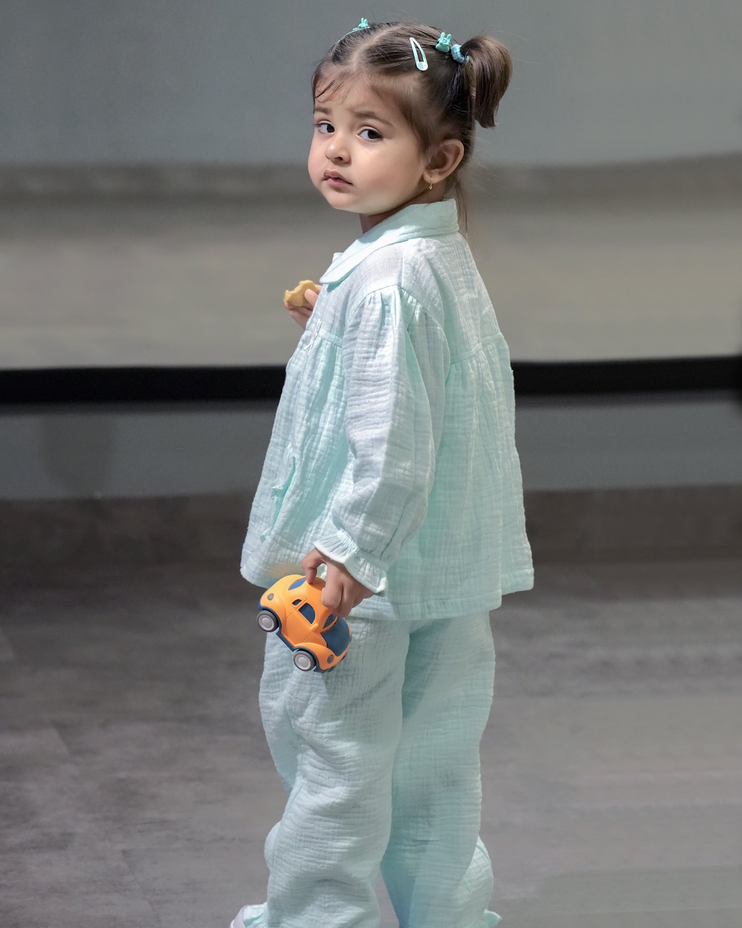 Ruffle Pocket Muslin Co-Ord Set-BLUE
