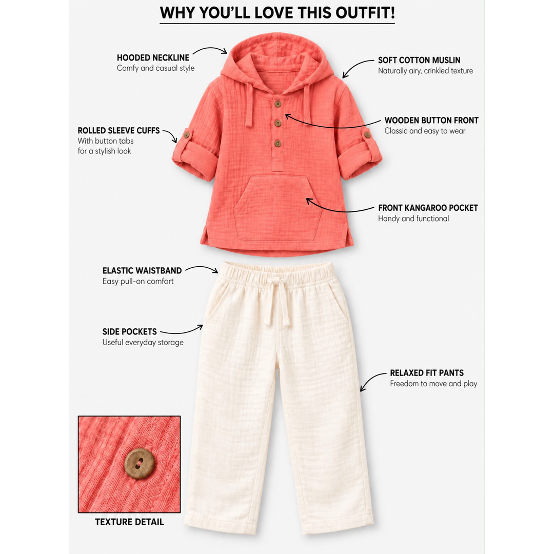 Cotton Muslin Hooded Co-Ord Set for Boys - Pink