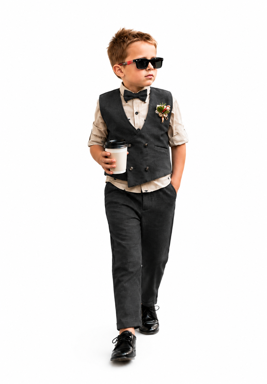 Tiny Dapper Dude! Printed Shirt, Waistcoat, Pant, Bow, Brooch Marvel.