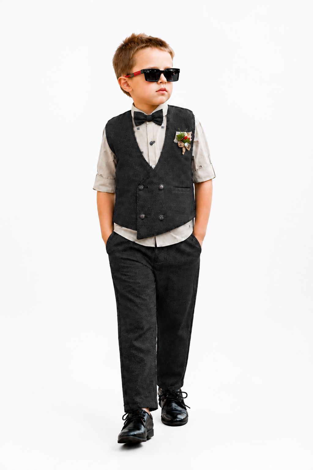 Tiny Dapper Dude! Printed Shirt, Waistcoat, Pant, Bow, Brooch Marvel.