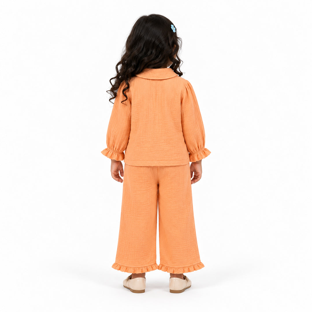 Cotton Muslin Flared Pants Co-Ord Set for Girls - Orange