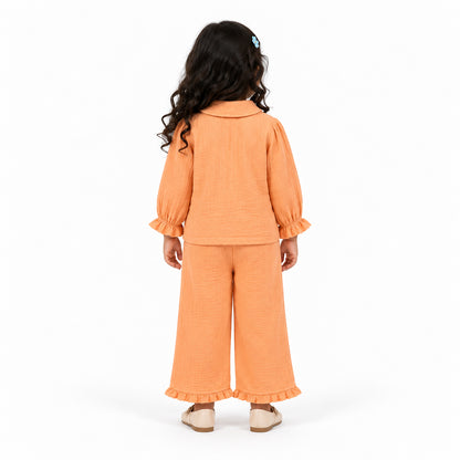 Cotton Muslin Flared Pants Co-Ord Set for Girls - Orange