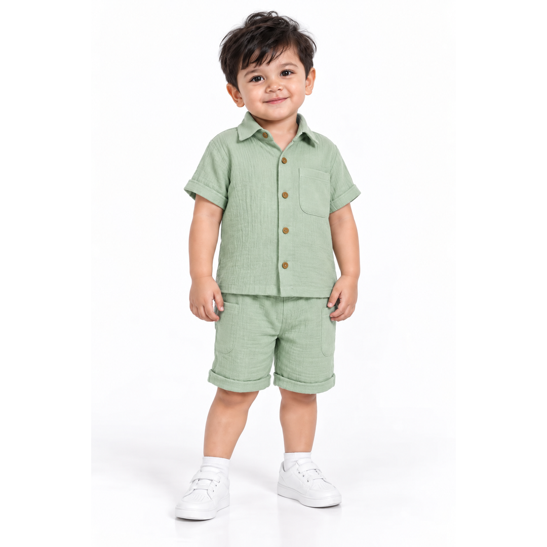 Cotton Muslin Shorts Co-Ord Set for Boys - Green