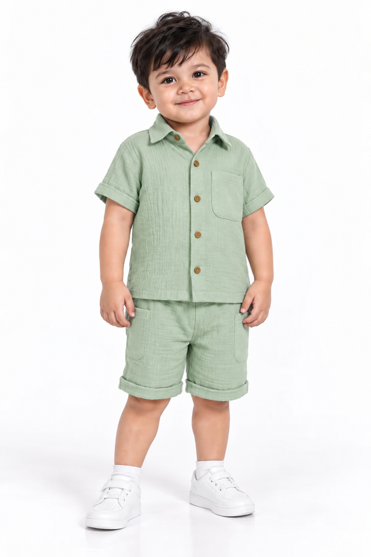 Cotton Muslin Shorts Co-Ord Set for Boys - Green