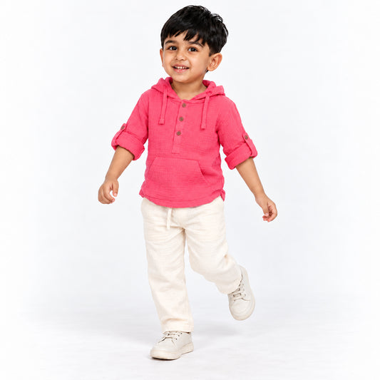 Cotton Muslin Hooded Co-Ord Set for Boys - Pink