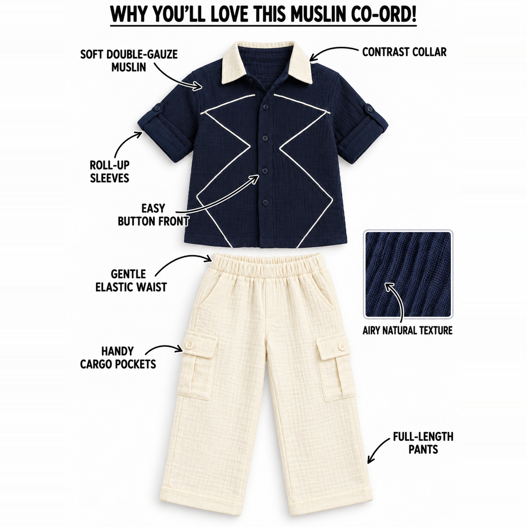 Little Explorer Cotton Muslin Shirt & Pants Set – Navy