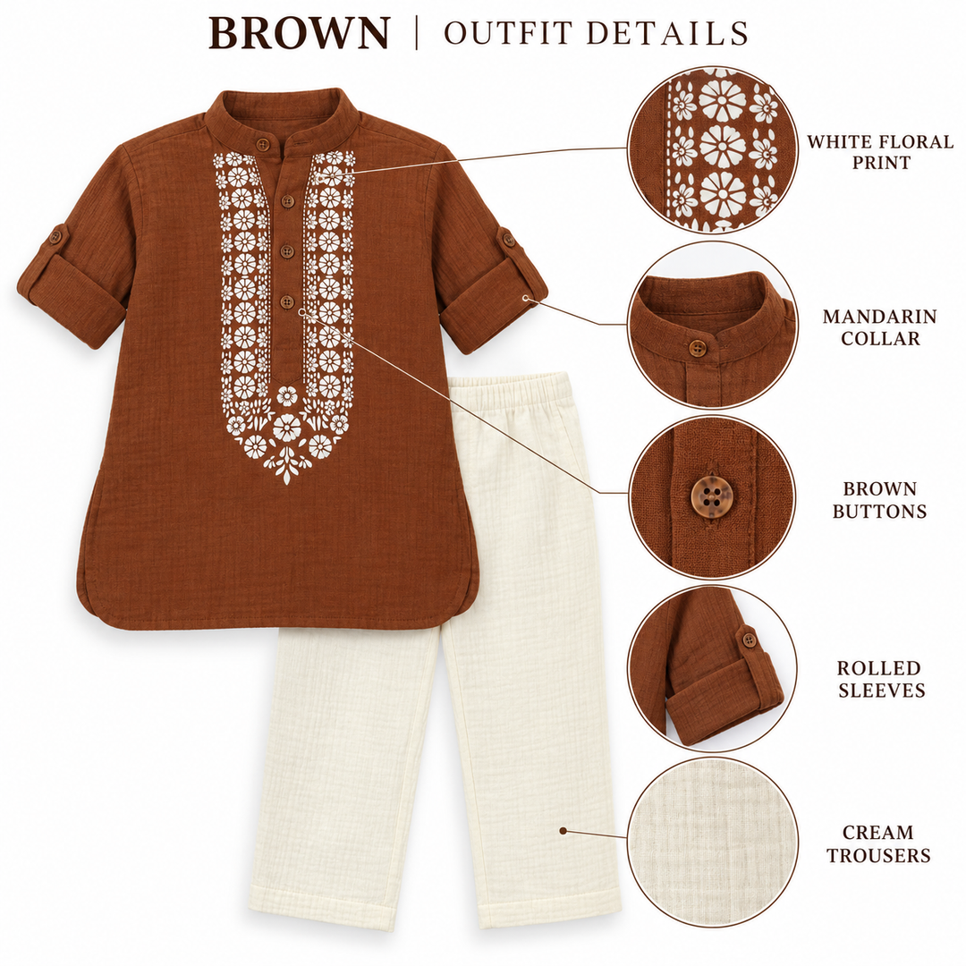 Festive Bloom Cotton Muslin Kurta & Pants Set-BROWN