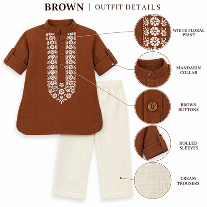 Festive Bloom Cotton Muslin Kurta & Pants Set-BROWN