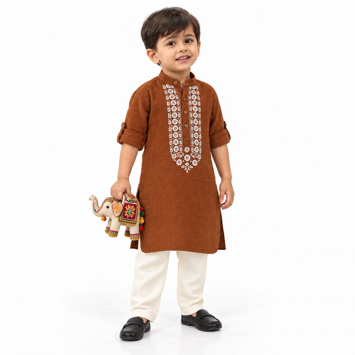 Festive Bloom Cotton Muslin Kurta & Pants Set-BROWN