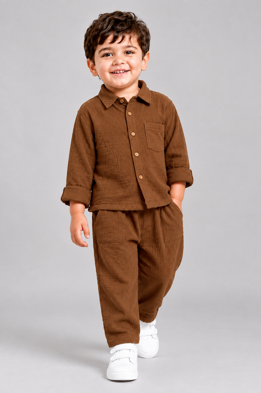 Cotton Muslin Shirt & Pants Co-Ord Set for Boys - Brown