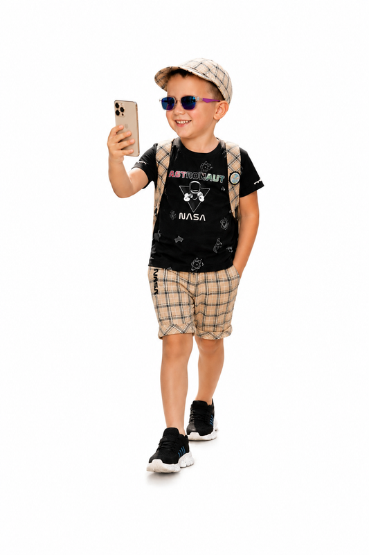 Checkmate Style: Printed Tee + Checked Waistcoat Set for Boys!